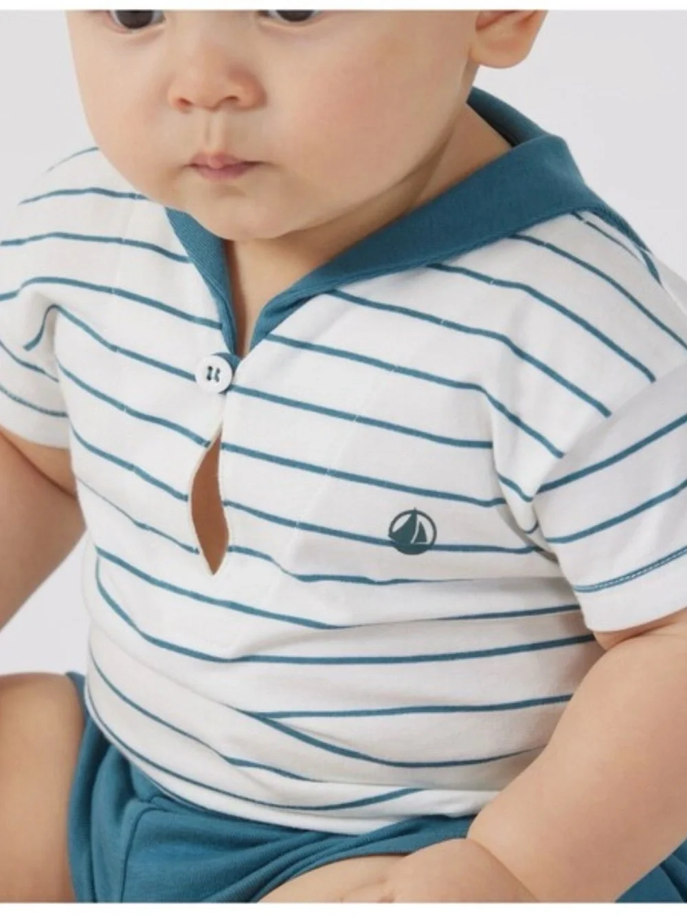 Petit Bateau Toddler Striped Sailor Polo Top with Teal Shorts, Like New!
